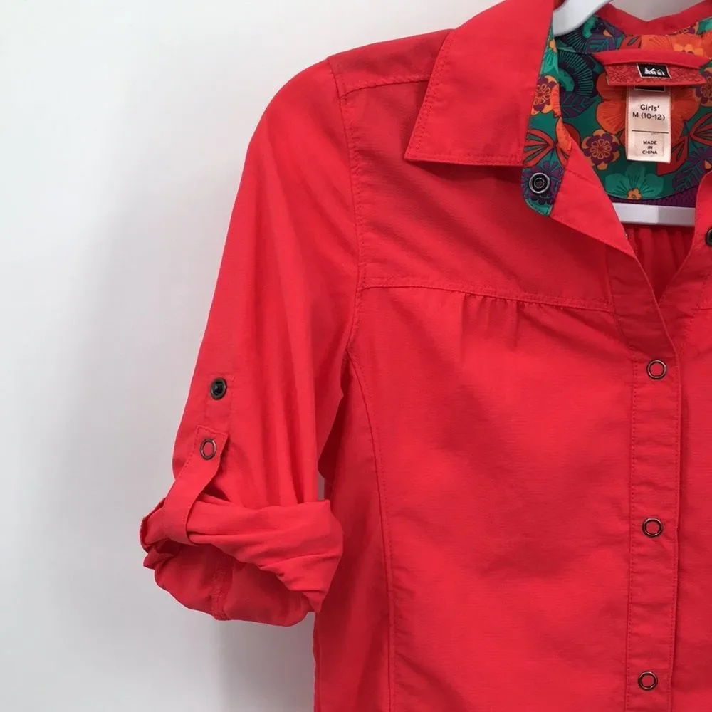 REI Coral Red Long-Sleeve Button-Down Shirt Tab Sleeves Girls’ M 10-12
